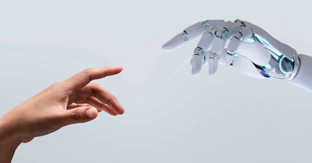 image of a human hand and a robot hand trying to touch, for an article about how AI can help your clinic
