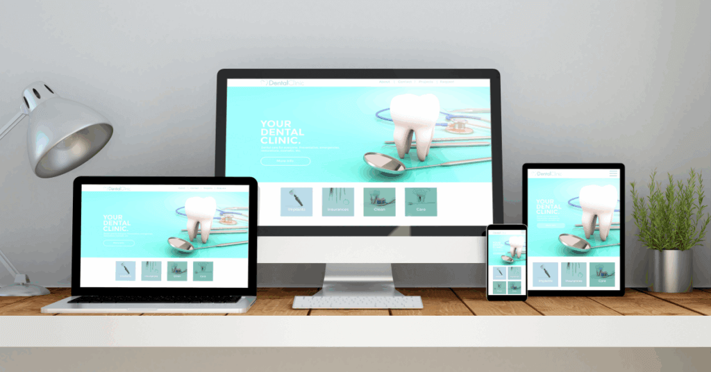 Image of a simple dentist web design across various digital platforms, i.e., laptop, tablet, and mobile.